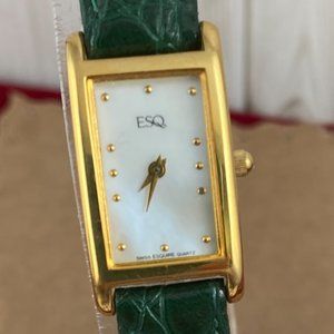 Vintage Gold Movado Esquire Small Swiss Tank Watch Green Strap